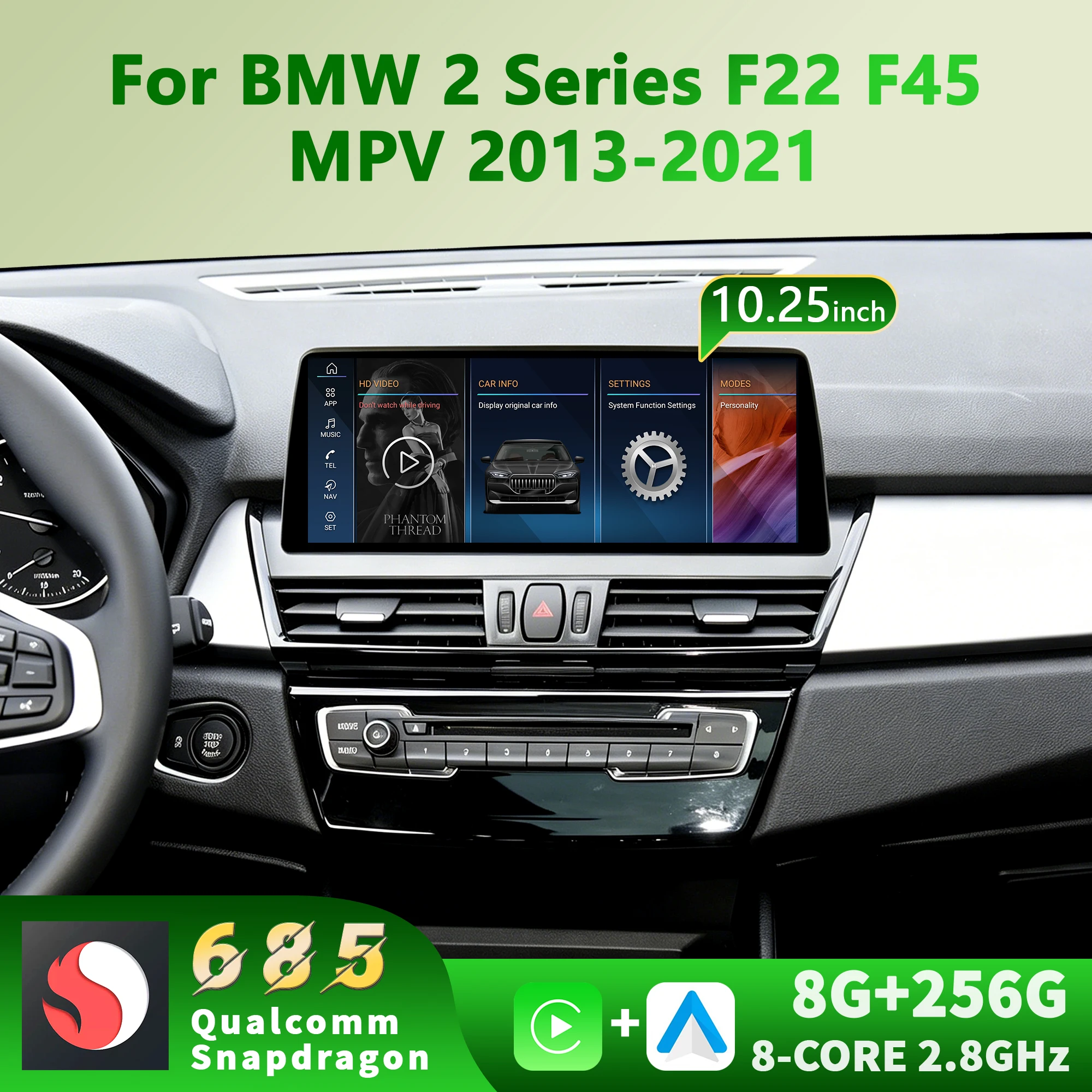 10.25'' Android 14 Car Radio Multimedia Screen Snapdragon 685 Carplay BT GPS Navigation For BMW 2 Series F22 F45 MPV 2013-2021