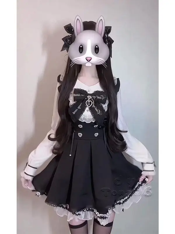 Gothic Style Black Dress Girls Miniature Splicing Lace  Autumn Winter Little Black Dress Fashionable Set Student Uniform