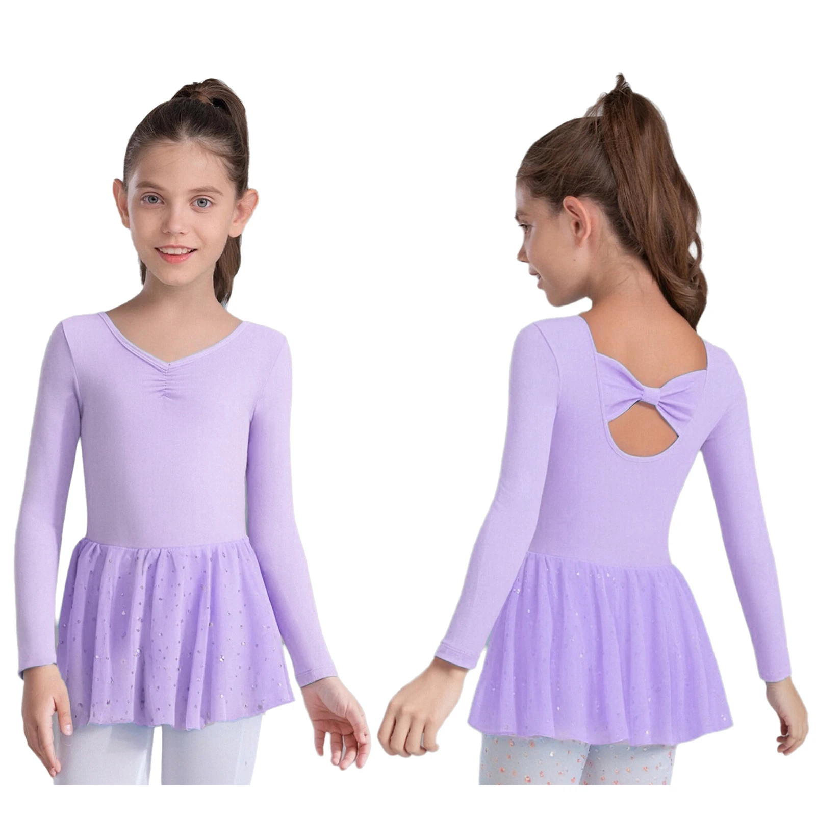 Crianças meninas vestidos de dança de balé frente ruched manga longa volta bowknot lantejoulas vestido para ginástica aquecimento prática desempenho