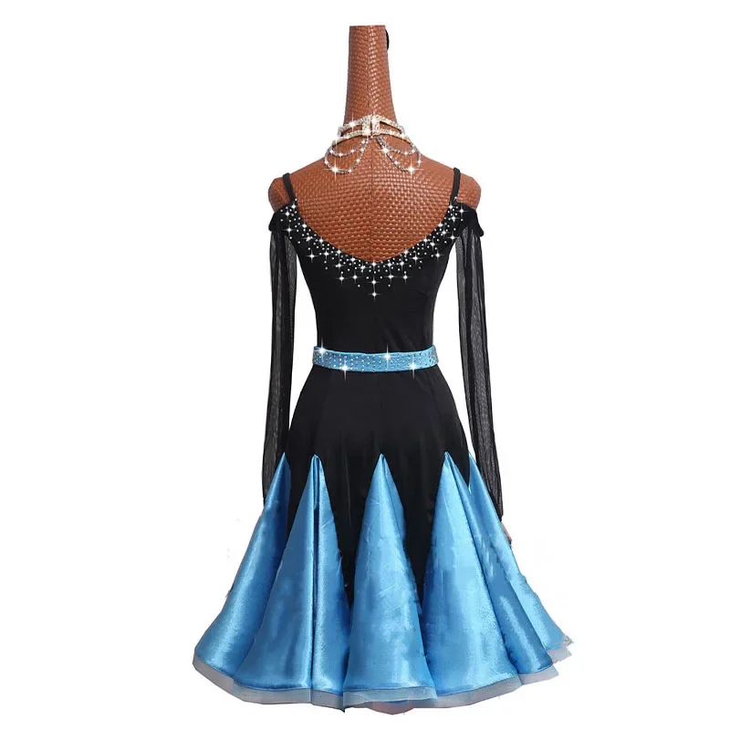 Vestido de baile latino para mujer, traje de baile de salón de manga larga con diamantes de imitación de alta calidad, falda de competición/práctica