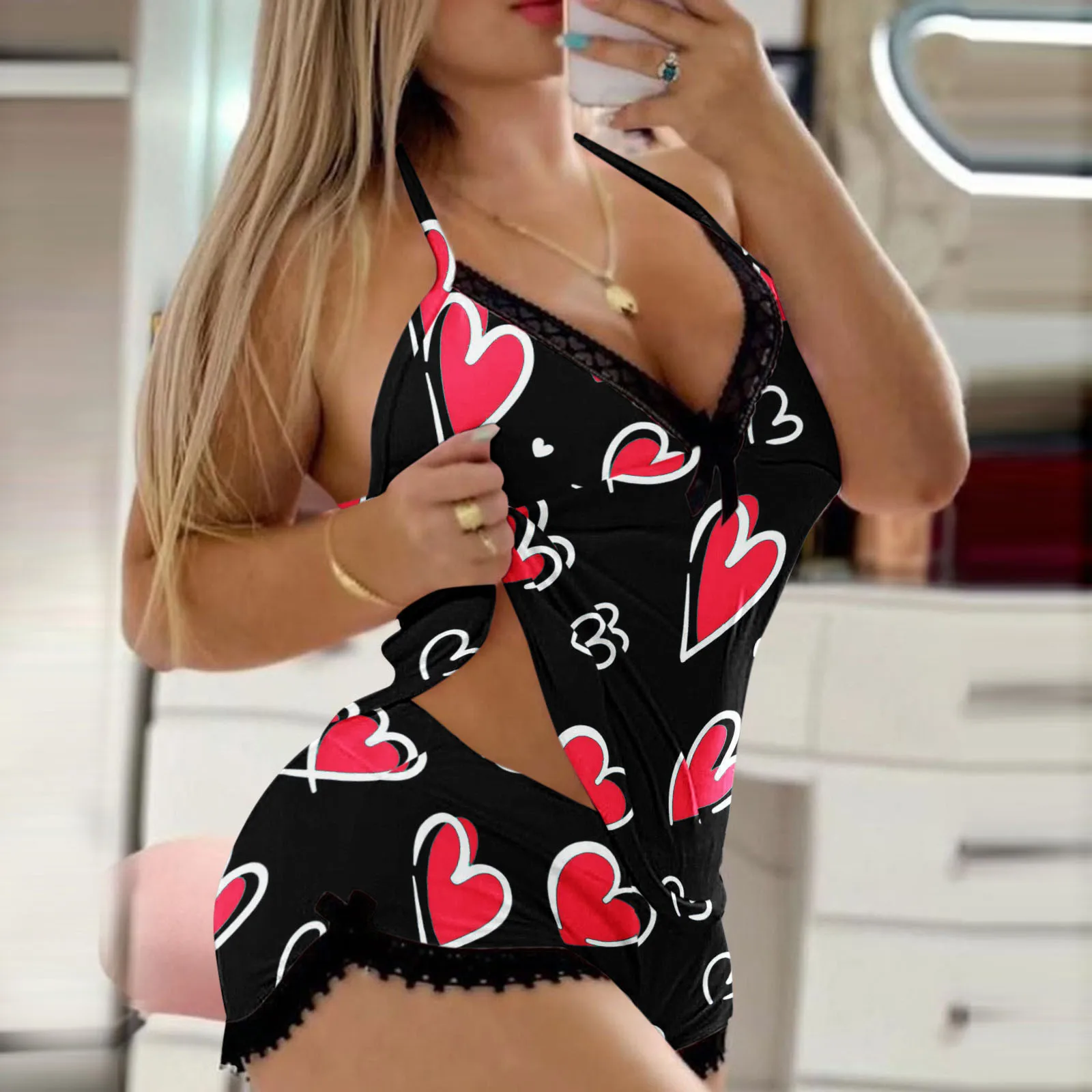 Fashion Women Pajama Suit V-Neck Stretch Satin Babydoll Lace Sexy Lingerie Bowknot Pyjamas Sleep Shorts Set Sleepwear Suit