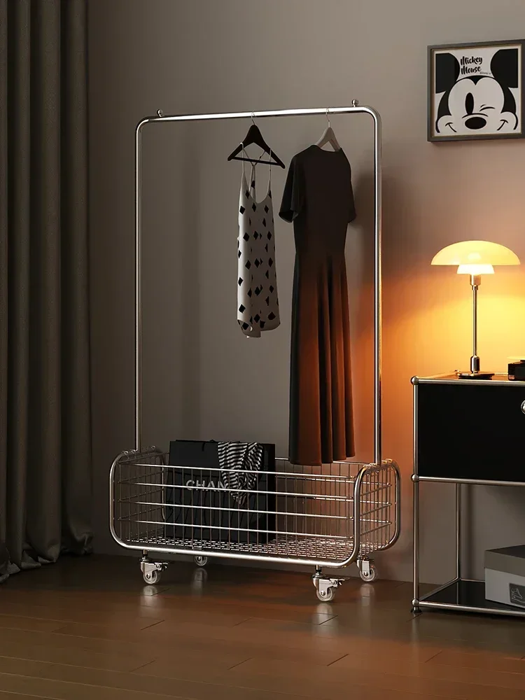 Bedroom floor mounted clothes rack, home movable antique style clothes rack, mesh red light luxury storage, stainless steel clot