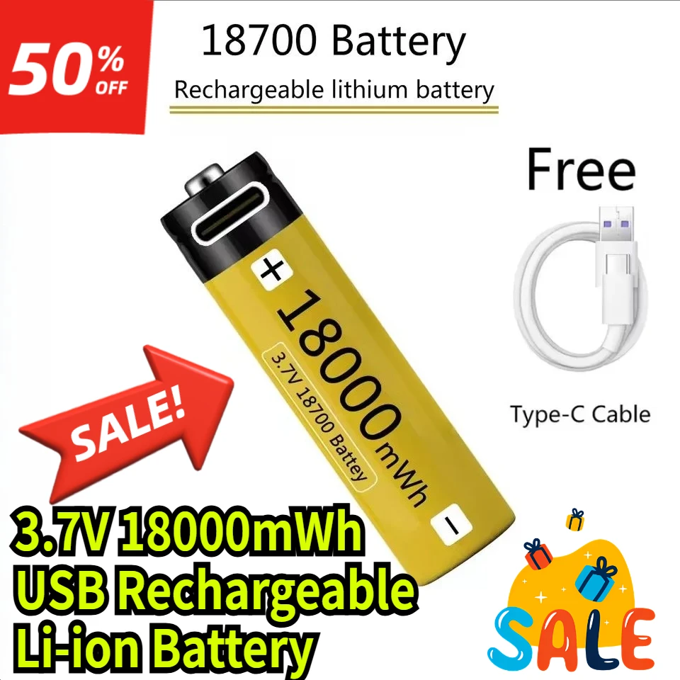 

Battery USB Type-C 18700 3.7V 18000mWh USB Rechargeable Li-ion Battery for Flashlight Electric Mobile Phone Toy Battery