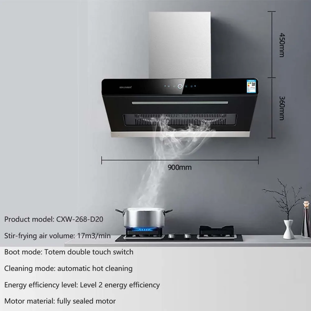 Household side suction range hood, high suction automatic hot cleaning range hood, dual motor range hood