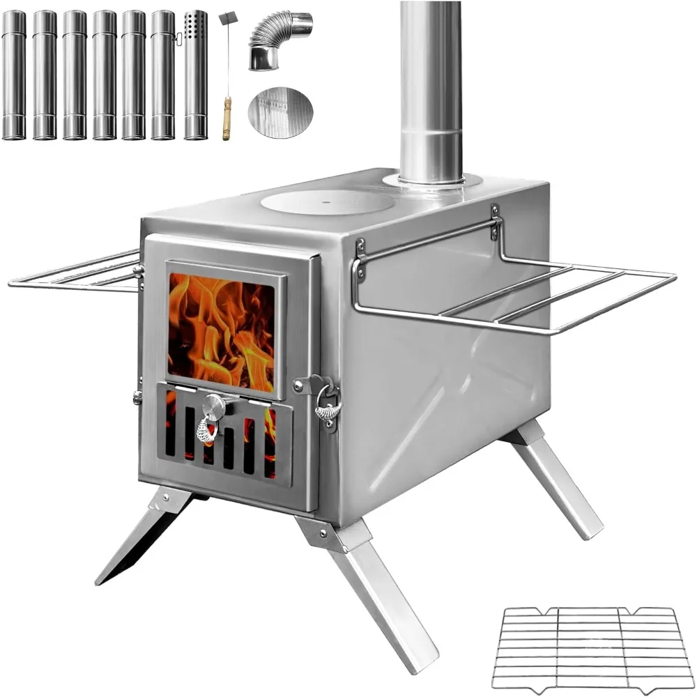 

Portable Outdoor Wood Burning Stove with Front Window, Side Racks, and Chimney Pipes for Camping and Cooking