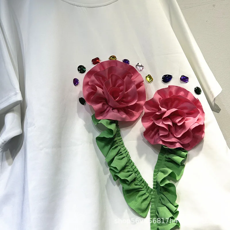 Spring Autumn Casual Women Two-piece Set 3d Flowers Diamonds Round Neck Short Short Sleeve T-shirt Top + High Waist Denim Pants