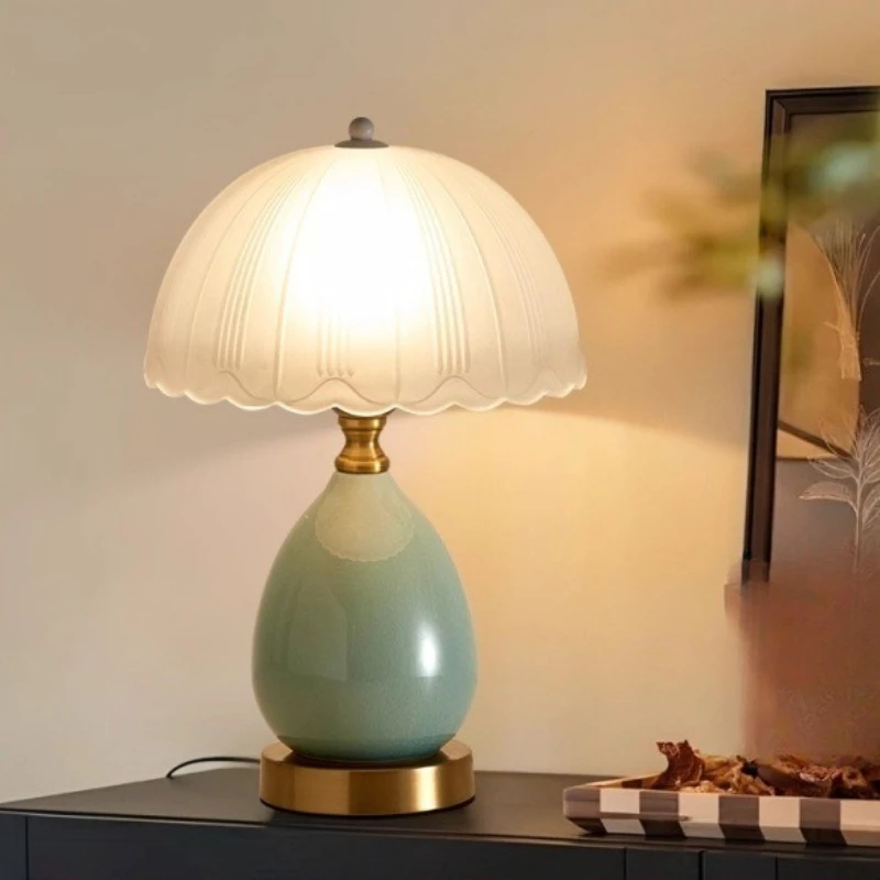 Moden Crack Green Ceramics LED Table Lamps White Glass Lampshade Living Room Bedroom Restaurant Office Eye Protection Desk Light