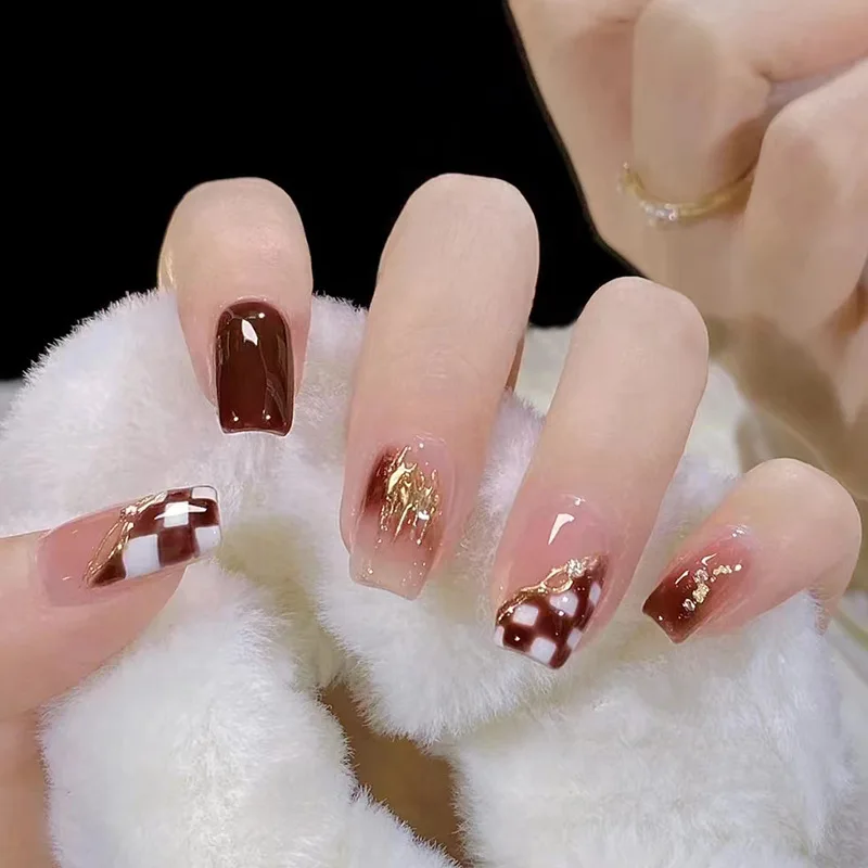 

Wearable Fake Tips Press On Nails with Glue Handmade Stick-on nails Extended Wearing Fake Tips Wine-Red Coffin Short False Nails