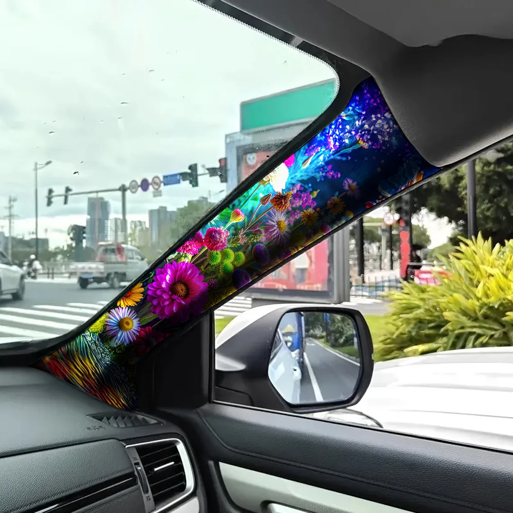 Two-piece car interior sticker set, colorful floral pattern, elastic fabric, self-adhesive, for decorating car A-pillars.