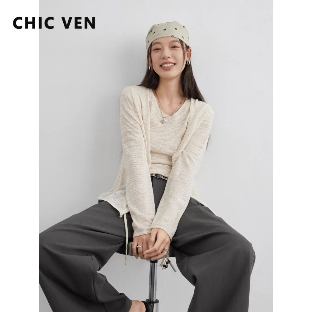 

Женские свитера CHIC VEN, свободные повседневные вязаные кардиганы на шнуровке с круглым вырезом, вязаные джемперы с короткими рукавами, весна-осень 2025