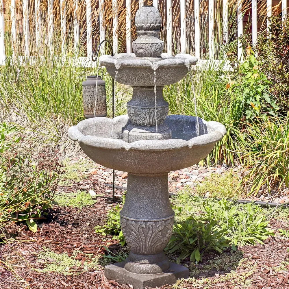 

50-Inch 2-Tier French Garden Outdoor Water Fountain, Glass Fiber Reinforced Concrete Construction, Dusty Gray