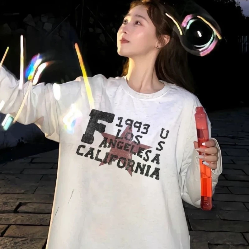 American Fashion High Street Cotton Blouse Retro Letter Star Graphic Tops Men Women Large Size Long Sleeve T-shirts Harajuku Y2K