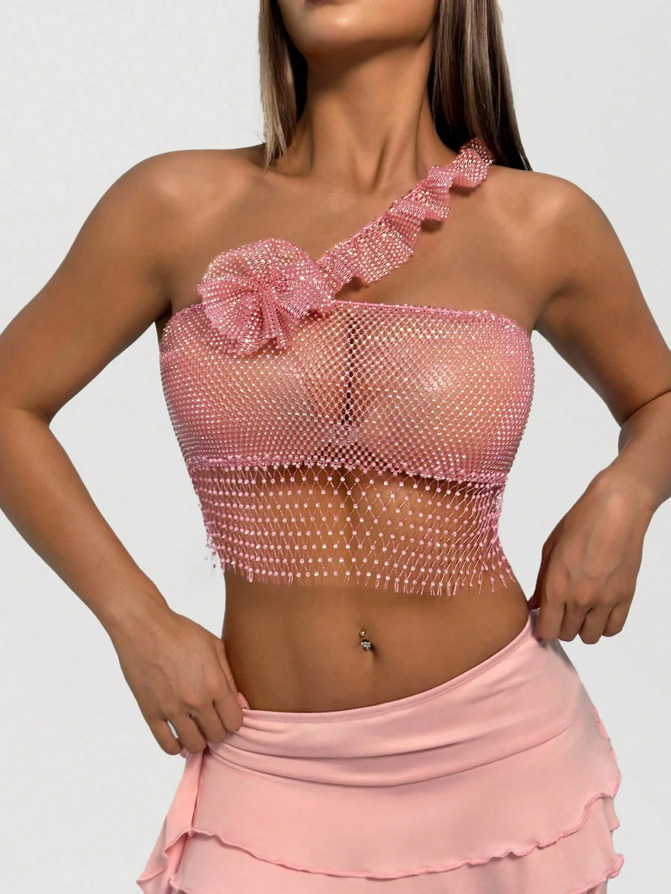 Sexy Hollow Out See Through Mesh Flower Decoration Tank Top Cocktail Party Crop Top Glitter Rhinestone Fishnet Women Camisole