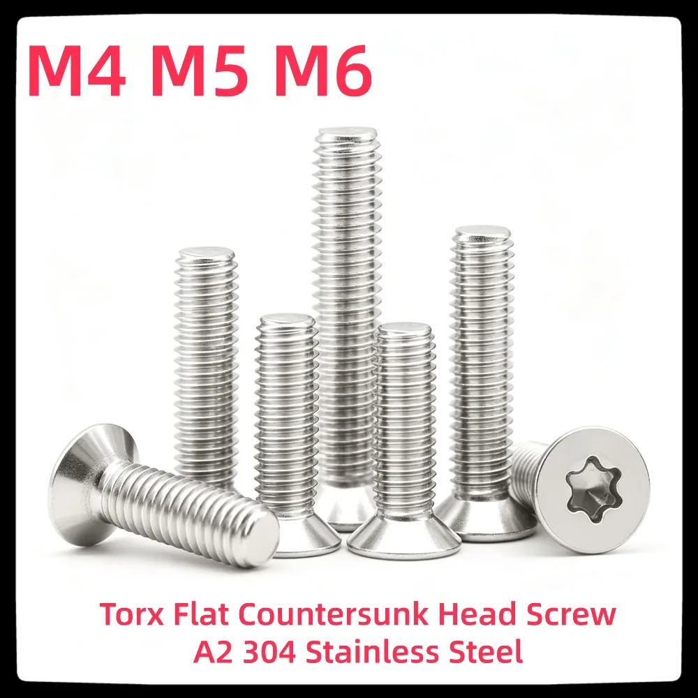 GB2673 Six-Lobe Torx Countersunk Screws M4 M5 M6, 304 Stainless Steel Flat Head Bolts, 10~100pcs Pack, 5-100mm