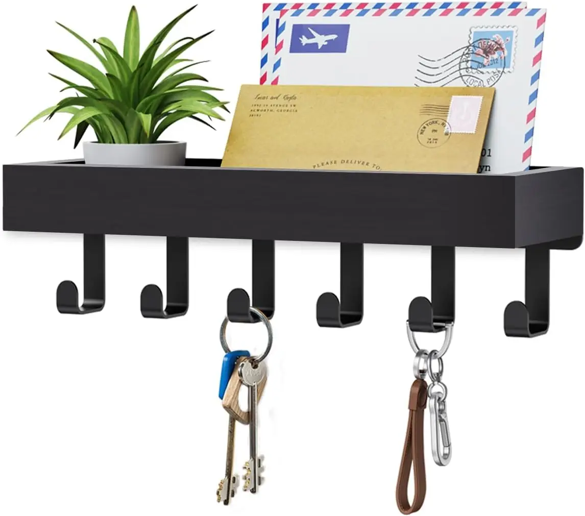 

Magnetic Wall Key Holder with Shelf - Adhesive Hanging Hook for Mail, Wallet, and Home Decor in Black