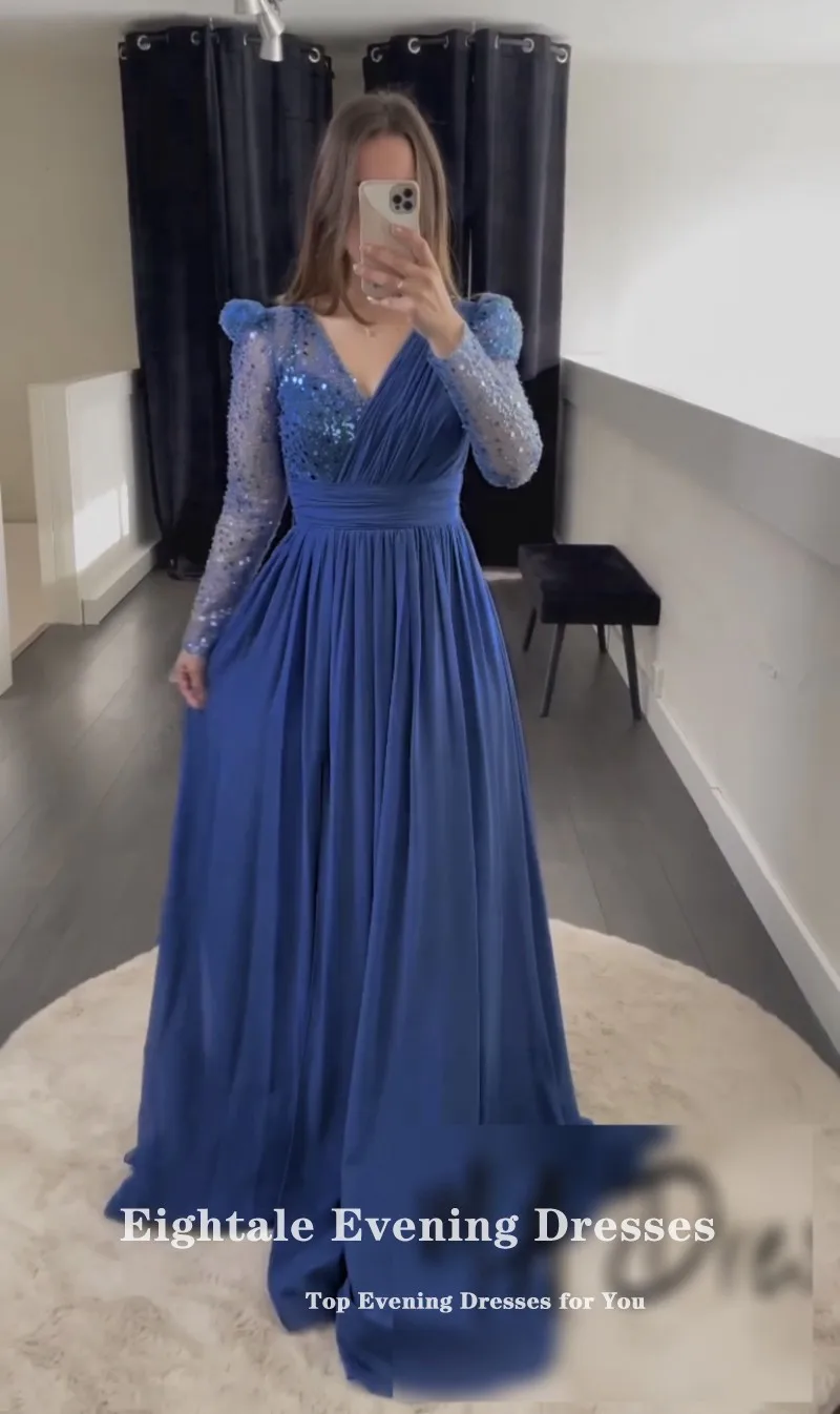 Eightale Evening Dress for Wedding Party V-Neck Long Sleeves Chiffon Blue Customized Sparkly Arabic Prom Gown vestido de noche