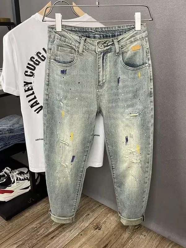

Мужские рваные джинсы из денима, эластичные, облегающие, укороченные (до щиколотки), летние, новые, винтажные, с эффектом потертости, прямого кроя, повседневные, дышащие