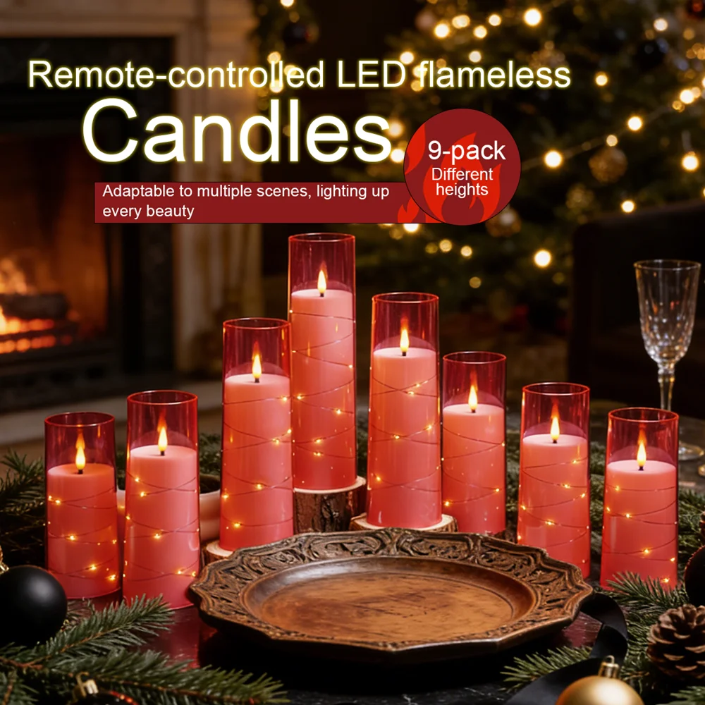 Pink 9PCS LED Flameless Candles with String Lights Timer Dimmable Acrylic Romantic Lights Valentines Day Baby Shower Girls Room
