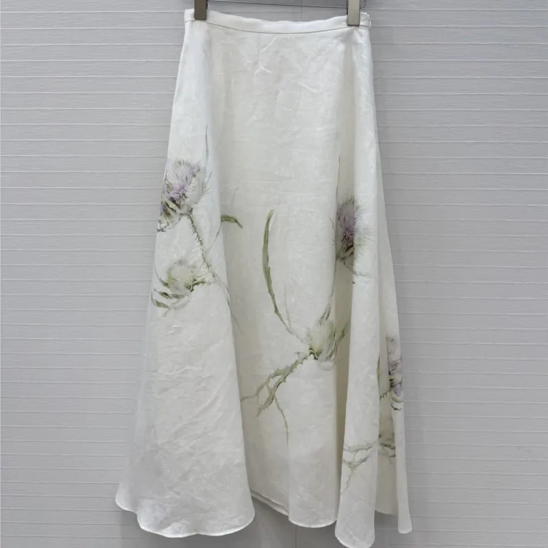 

Women Linen Midi Skirt High Waist Floral Print Casual Summer Skirts 100% Pure Linen Elegant Long Skirt Beach Holiday Plus Size