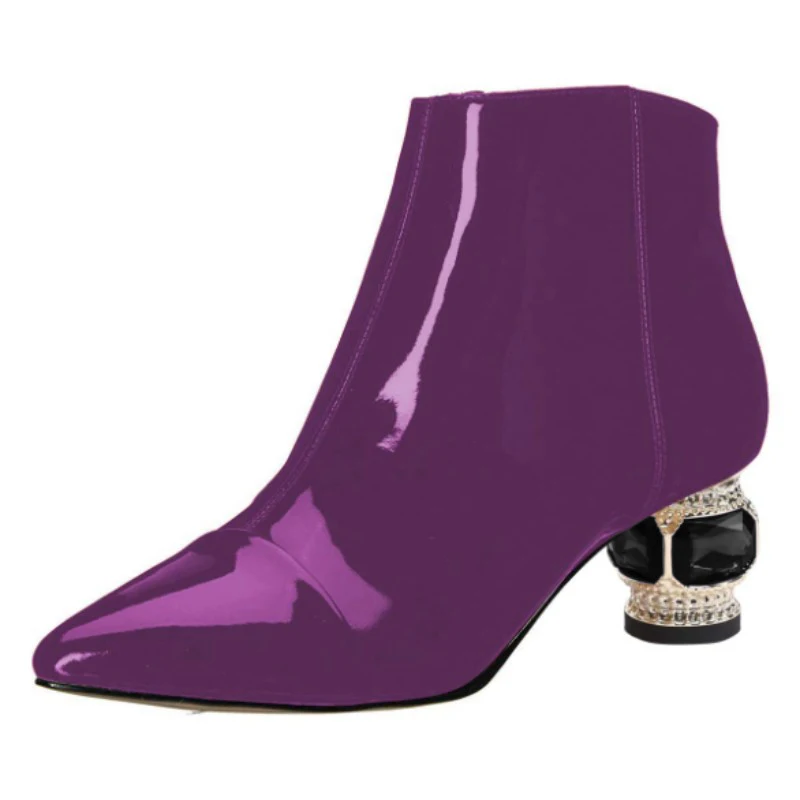 

DIZHUANG Fashionable women's boots. Purple (green) patent leather boots. About 5.5 cm heel height. Pointed ankle boots. 34-46