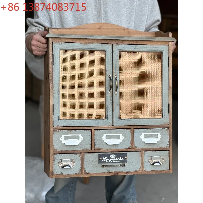 Rustic style solid wood retro rattan craft wall cabinet, hanging cabinet, multi-function
