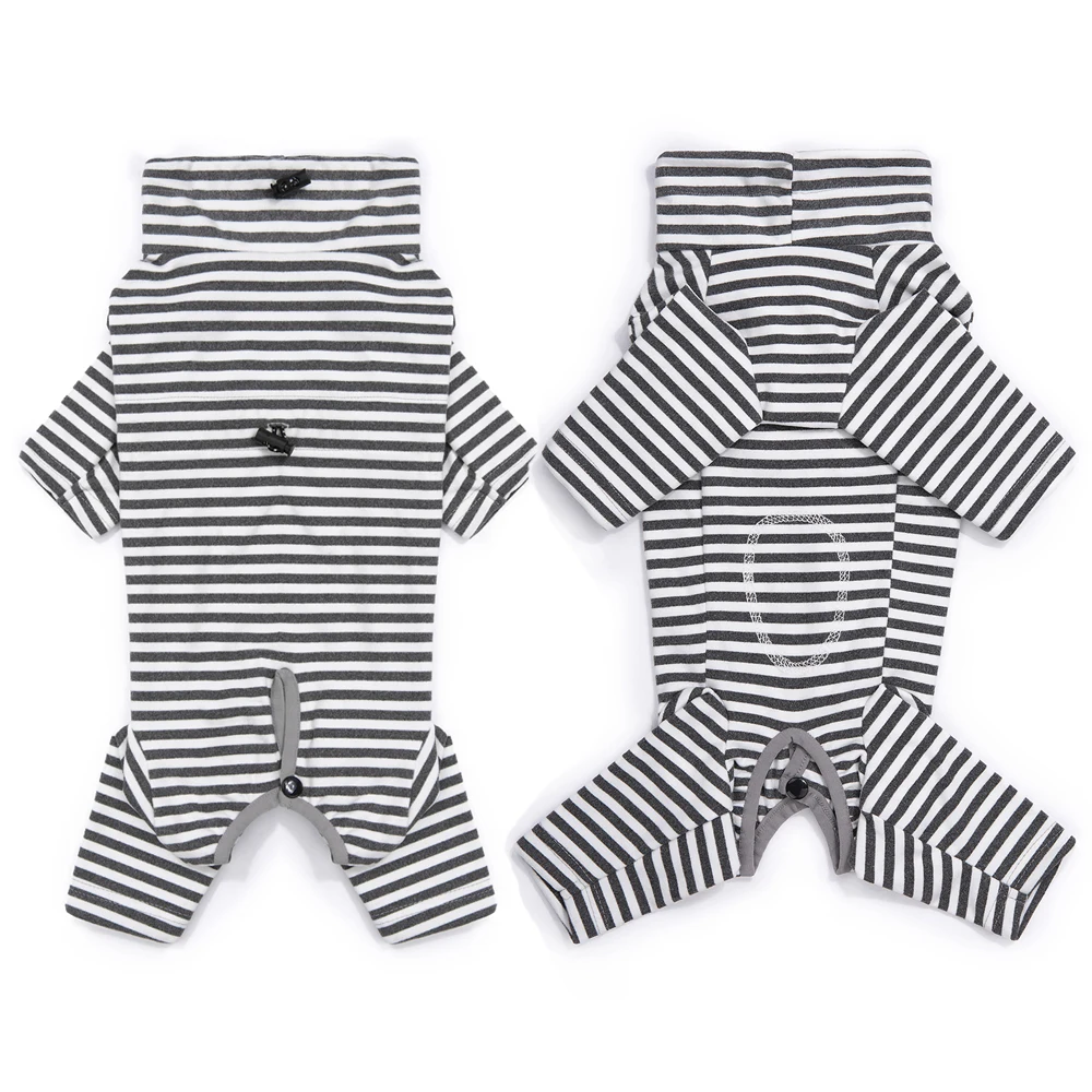 Dog Pajamas Small Dog Clothes with Fully-Closed Stomach Windproof Warm Velvet Pet Undershirts Adjustable Puppy Striped Jumpsuit