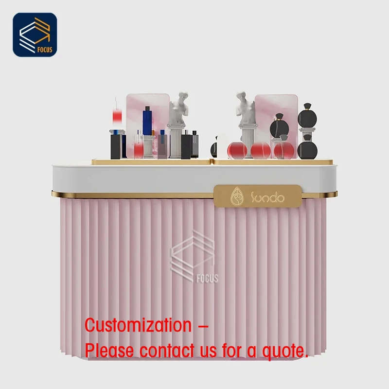 custom.Custom Retail Display Counter Pink Pleated Design White Top Storage Display Showcase Makeup Cosmetics Stand