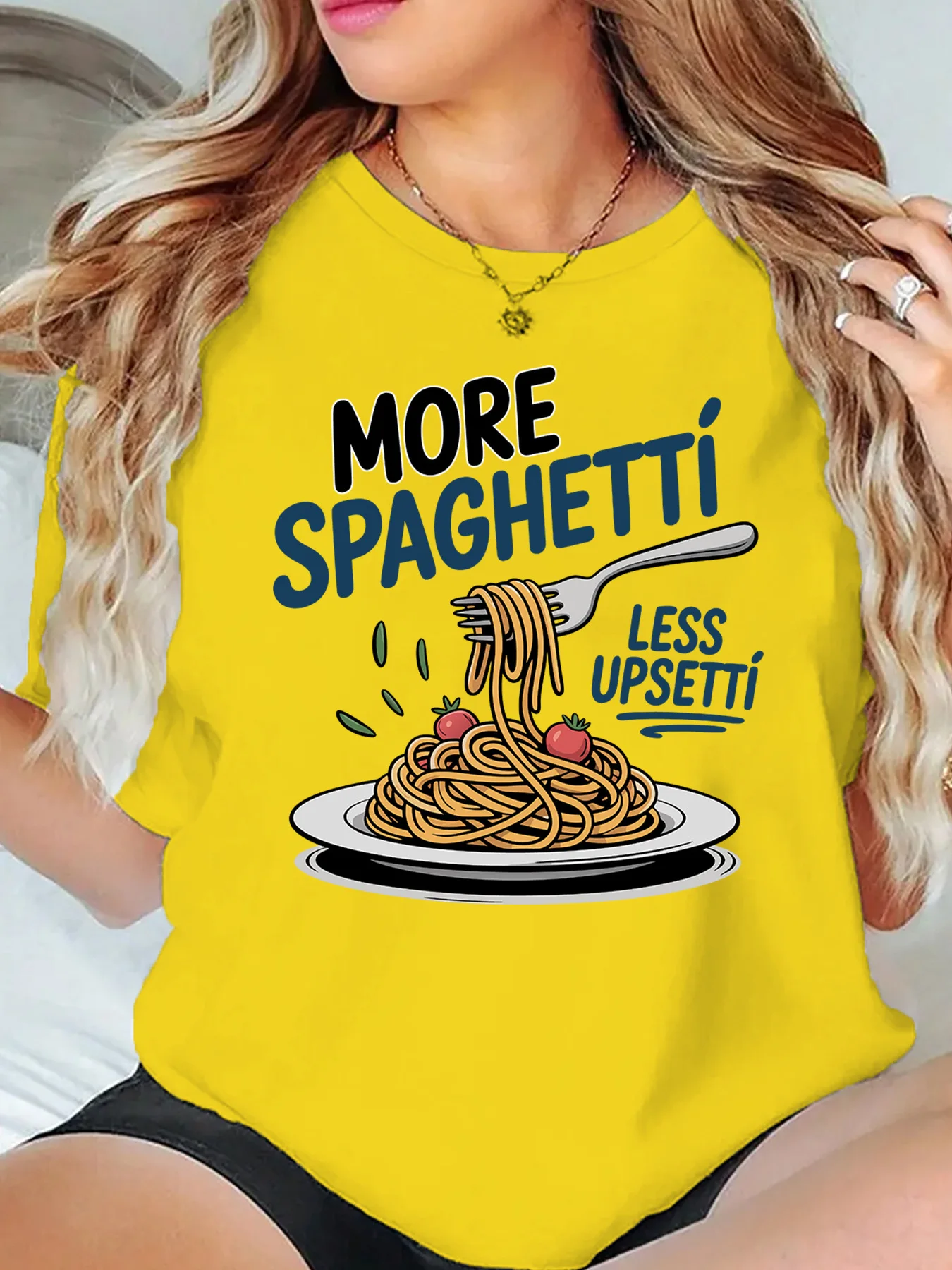 More Spaghetti Less Upsetti Funny Pasta Graphic Womens T Shirt Short Sleeve Crew Neck Italian Food Casual Daily Ladies Tee Tops