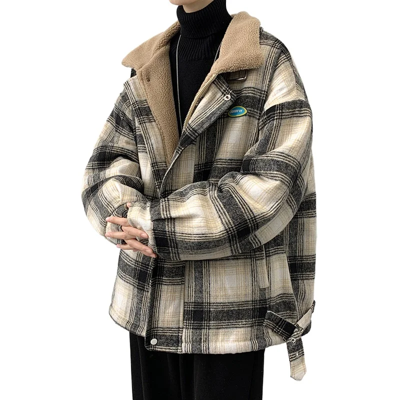 

2025 New Lamb Fleece Plaid Cotton Jacket for Men, Winter Thickened Plush Trendy Loose-Fit Coat