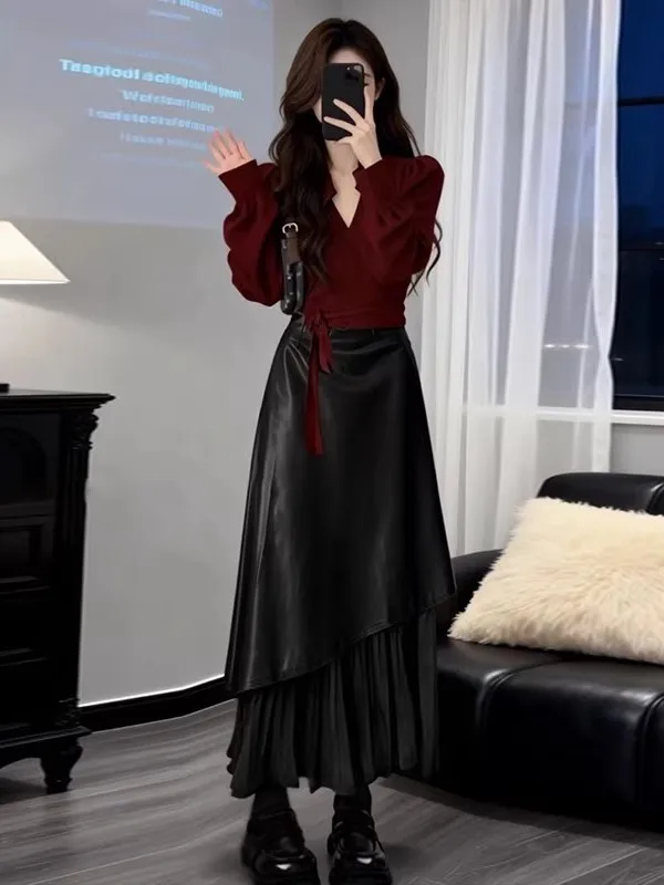 

Ретро-зимний женский комплект: вязаный топ с V-образным вырезом и облегающая юбка с высокой талией, комплект из двух предметов, новинка для Нового года