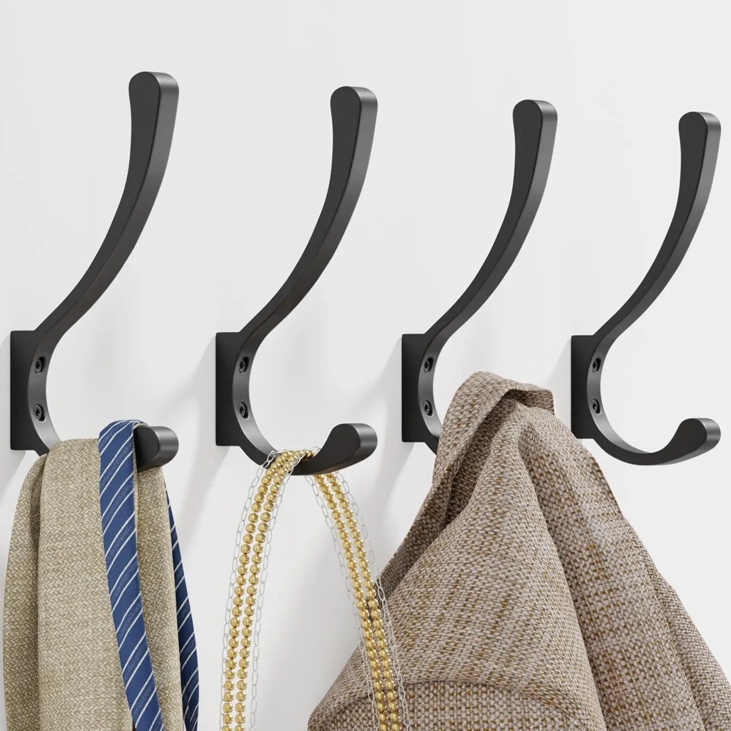 Heavy Duty Wall Mount Coat Hooks 4 Pack, Metal Hooks for Hanging Clothes, Backpack, Towel & Jacket with 30 lbs Capacity, Black