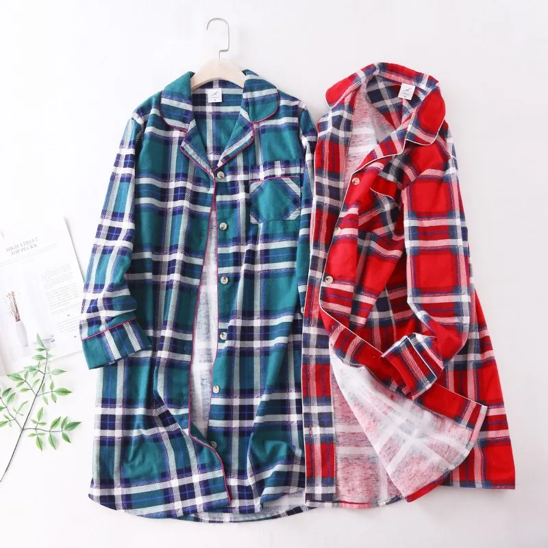 

Весенне-осеннее женское повседневное платье для сна, женская ночная рубашка из 100% хлопка, женский кардиган с длинными рукавами, ночная рубашка в клетку