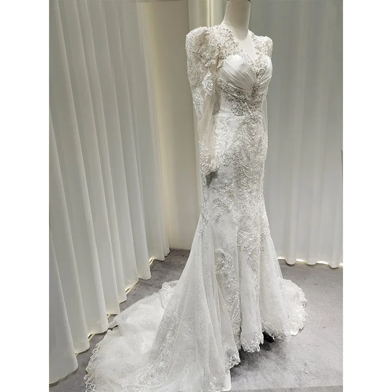 Novo vestido de tecido principal sem alças de chiffon rabo de peixe de renda para fotografia de estúdio