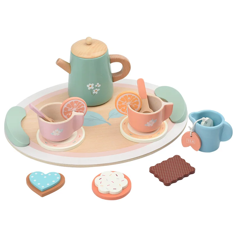 طقم شاي لعب خشبي بلون معكرون، يتميز مع معالجات الشاي الأنيقة وأدوات رائعة - مثالية للأطفال للعب الأدوار بأناقة