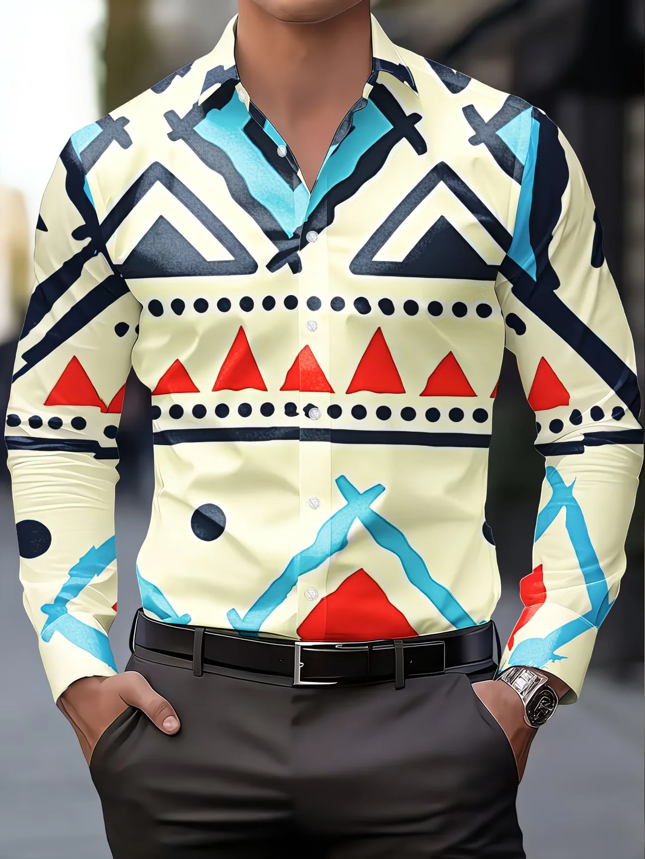 

Новая мужская рубашка с длинным рукавом в этническом стиле с геометрическим принтом и отложным воротником, повседневная рубашка