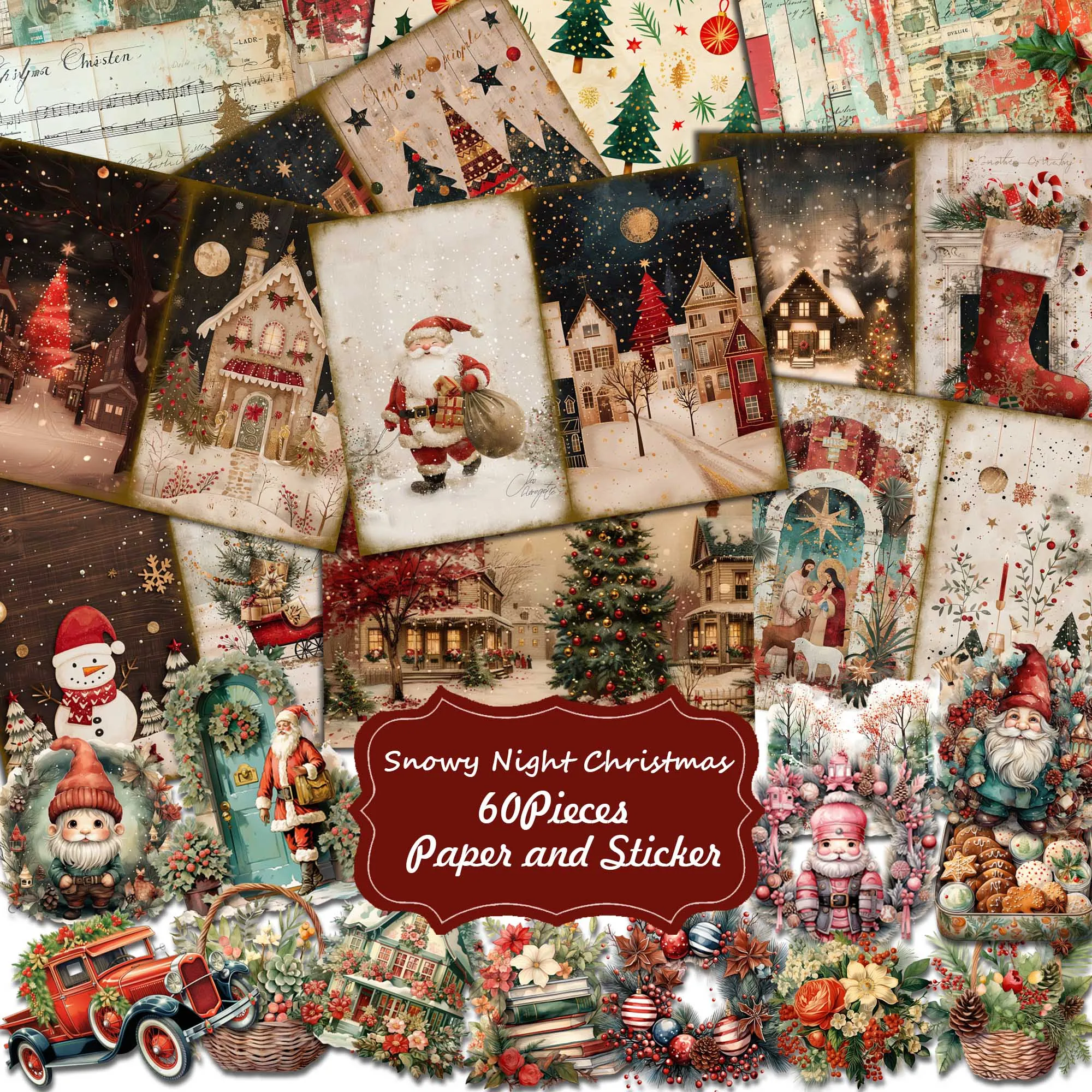 60 sztuk (papier + naklejka) Vintage Christmas DIY dekoracje śmieci zestawy dzienników, idealne na rękodzieło artystyczne, przyjęcie świąteczne,