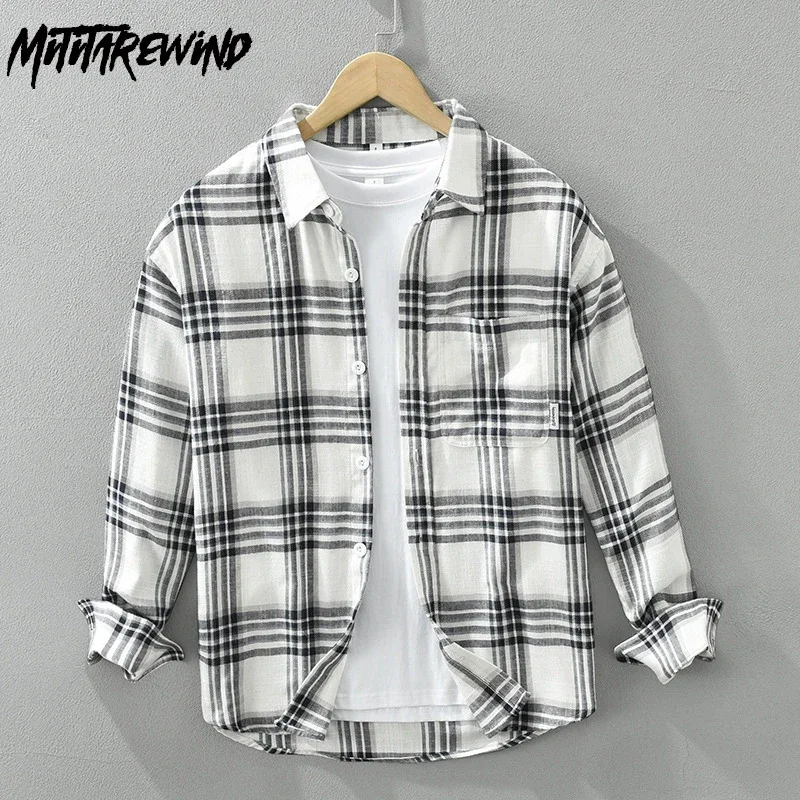 

Harajuku Men Plaid Shirts Spring Fall Daily Casual Mens Long Sleeve Shirt Lapel Pocket Pure Cotton Button Up Shirt Vintage Style