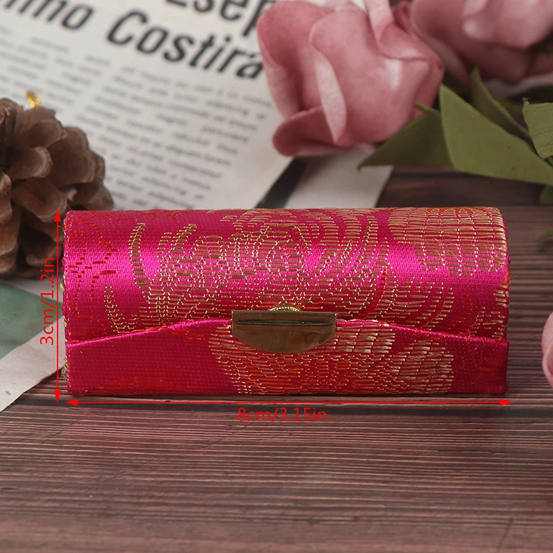 1Pc Portable Embroidered Lipstick Case Storage Jewelry Holder Random Retro Flower Design Lipstick Display Box With Mirror