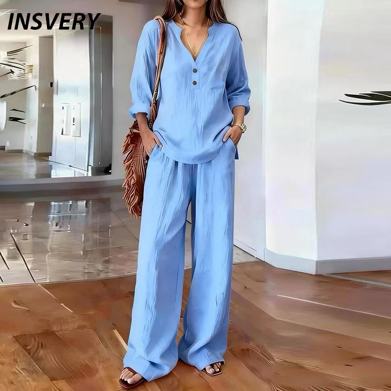 

Spring Summer V Neck Long Sleeve Button Shirt Loose High Waist Pants Suit Women Casual Two Piece Set Solid Comfortable Outfits