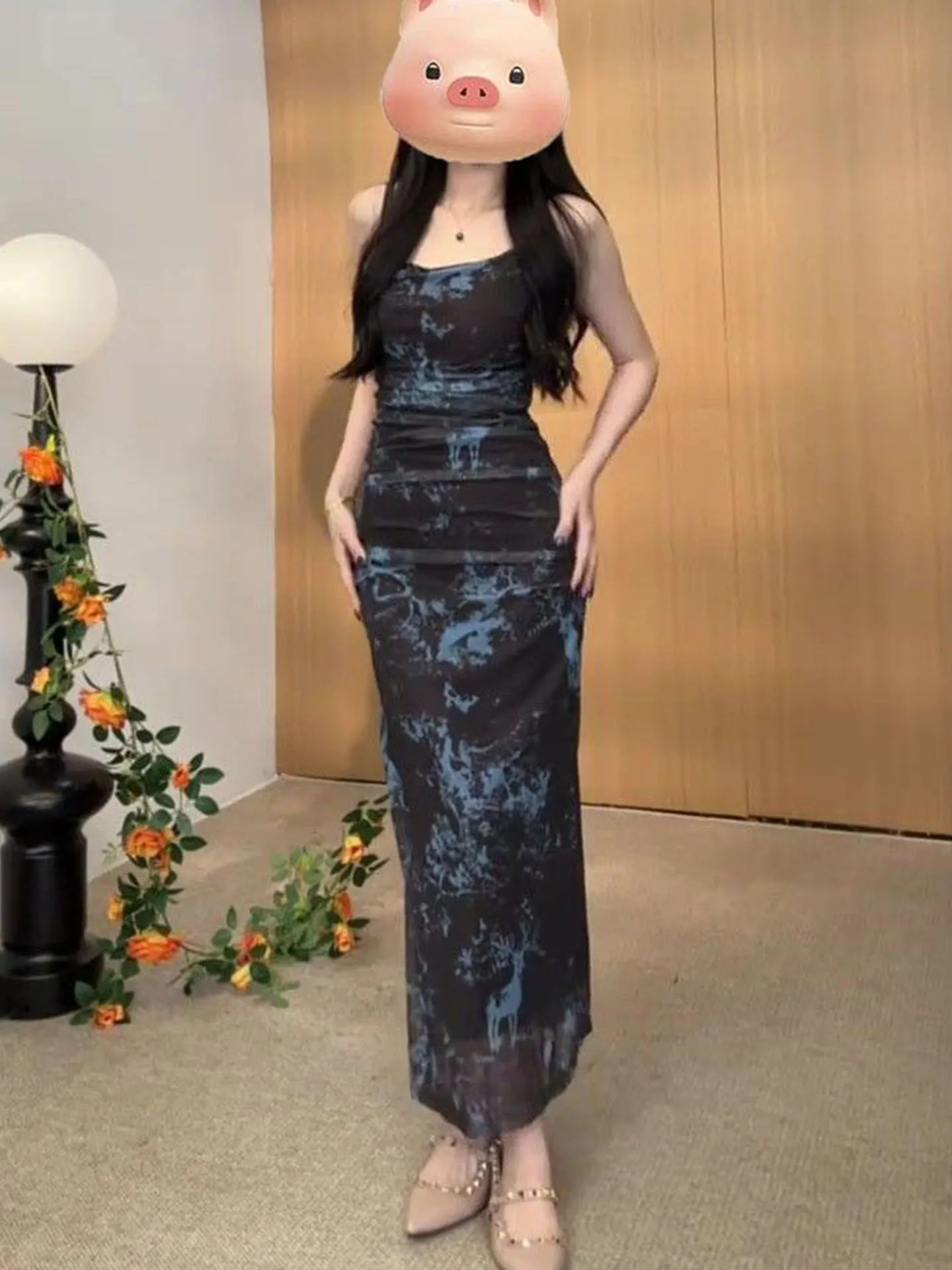 Retro Floral Gradient Off-Shoulder Long Dress Women's Summer New Korean Style Slimming Midi Skirt High Waist Sleeveless Dress