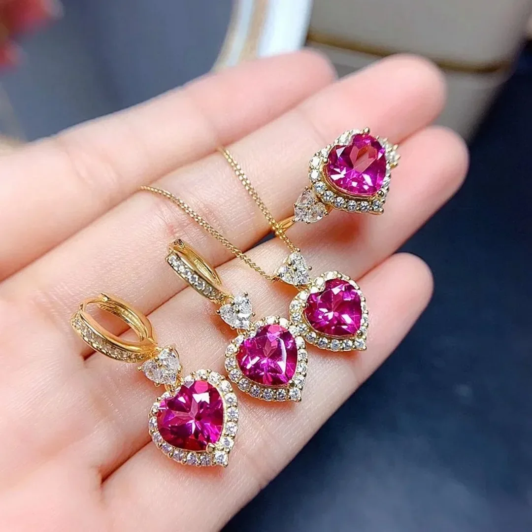 Natural Pink Topaz Gemstone Jewelry Set 925 Pure Silver Ring Earrings Pendant NecklaceFine Wedding Jewelry for Women