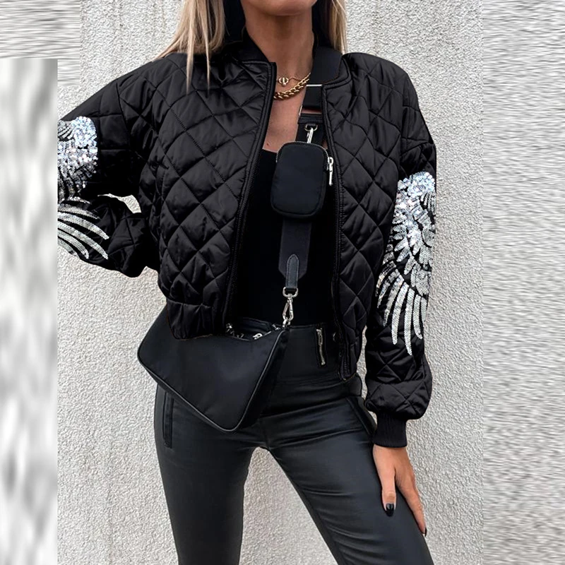 Mulheres outono cor sólida zip-up outwear moda asas de anjo meninas jaqueta acolchoada inverno elegante manga longa lantejoulas casacos curtos