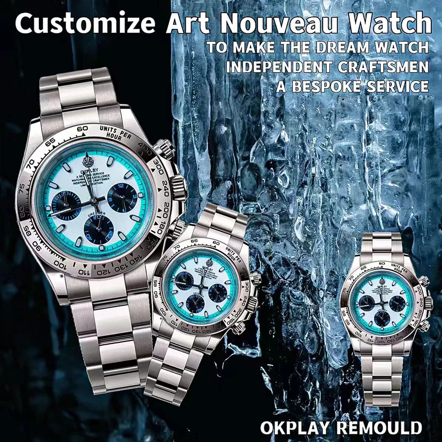 OKPLAY Men Chronograph Watch 39.5mm Modified Customized Quartz Wristwatch Sapphire 100M Waterproof