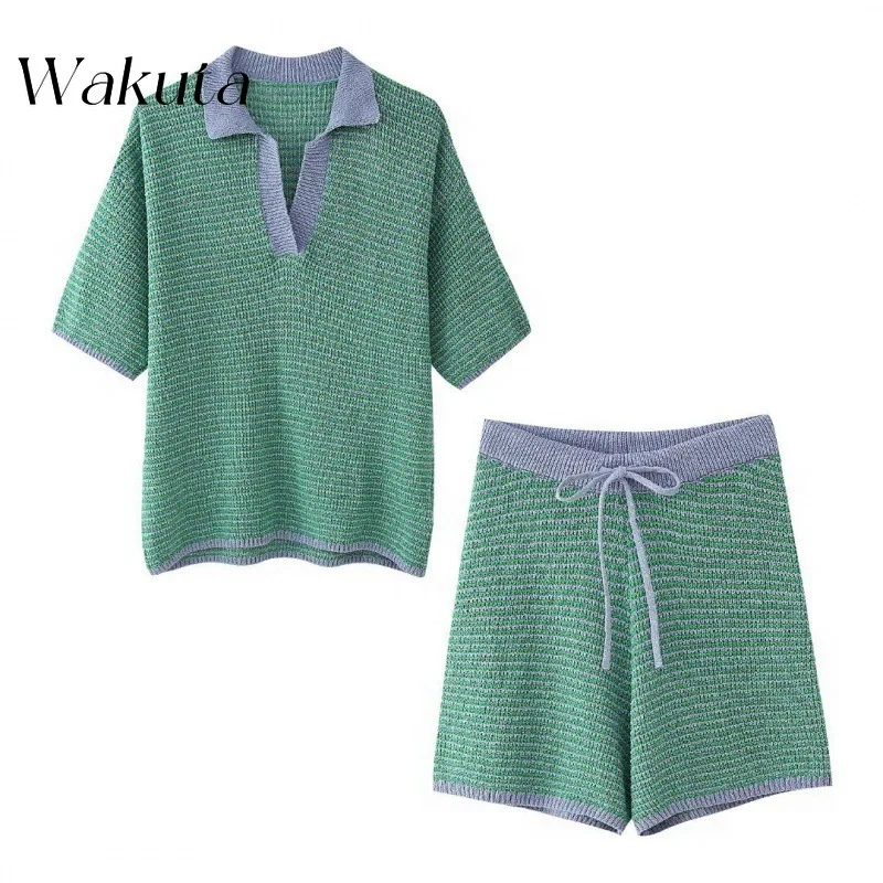 WAKUTA American Retro Polo Shirt Collar Short Sleeved Color Blocked Tees Loose High Waisted Knitted Shorts Casual Matching Sets