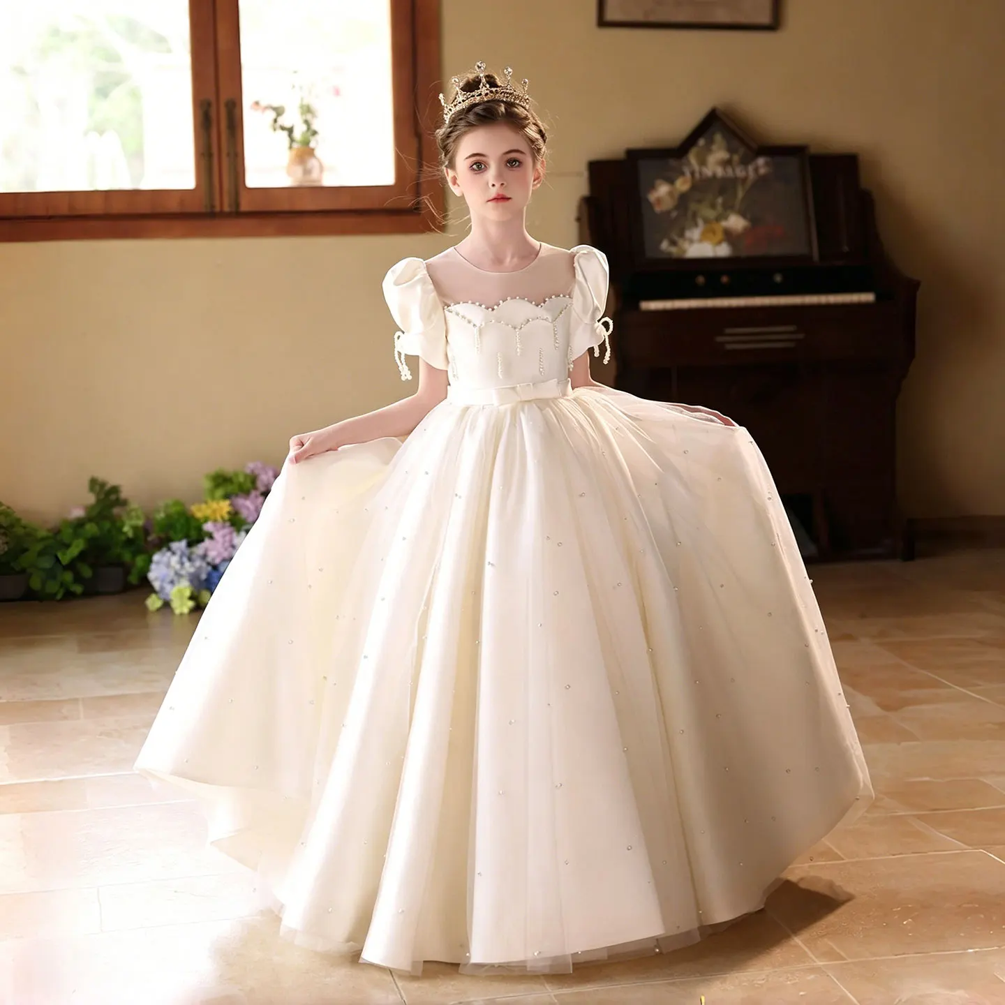 

Jill Wish J231 White Girls Dress Pearl Puff Sleeve Ball Gown Flower Girl Wedding Birthday Pageant Dress Kids Princess Gown