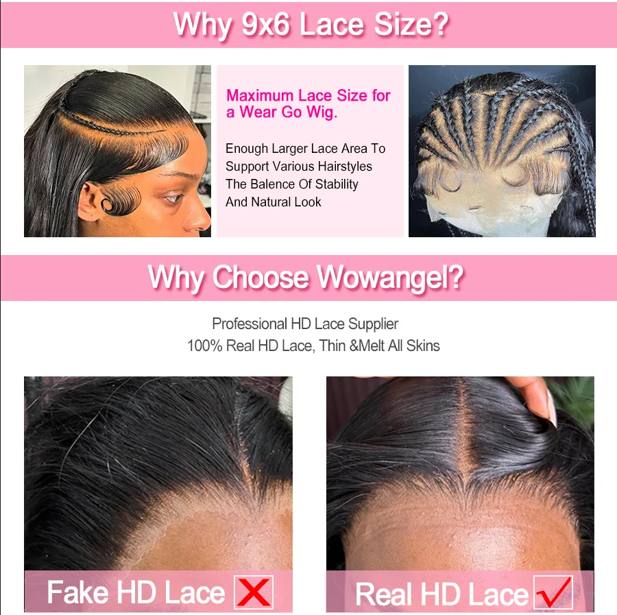 WOWANGEL 34 Zoll Glatte Perücken 9x6 HD Lace Closure Perücken Natürliche Kopfhaut 250% Vorgeschnittene Spitze Kleberlose Perücke Echthaar Remy Brasilianisches Haar – Detail 2