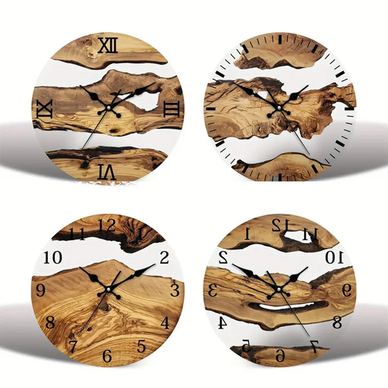 

Transparent tempered glass wall clock with wood grain texture, fashionable and silent clock