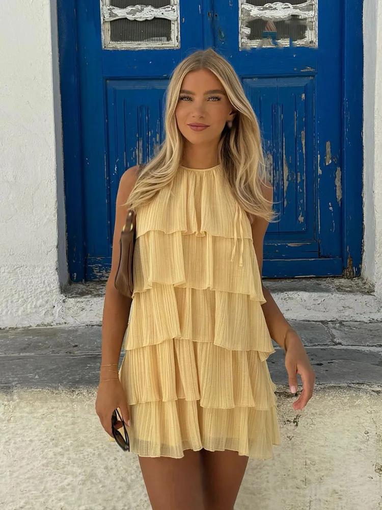 HH Estate delle Donne Nuovo Popolare Dolce Laminato Decorativo Halter Neck Abito Femminile di Classe Sexy Backless Mini Abito Senza Maniche