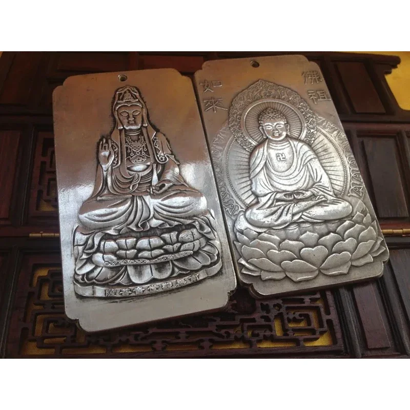 2PCS Elaborate old Tibetan silver kwan yin buddha dragon statue amulet auspicious plates