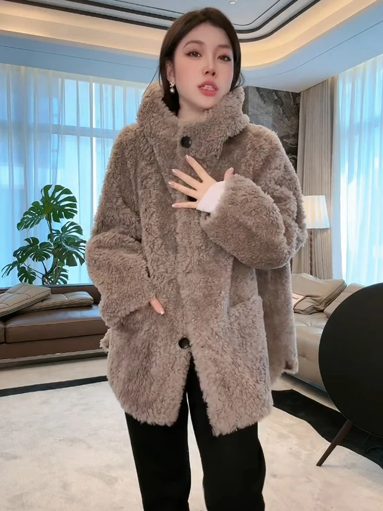 

Thiened Teddy Шуба из искусственного меха с капюшоном от Laoyang Brown Plu Женская шуба прямого кроя из шерстяного материала Long Sve Autumn...